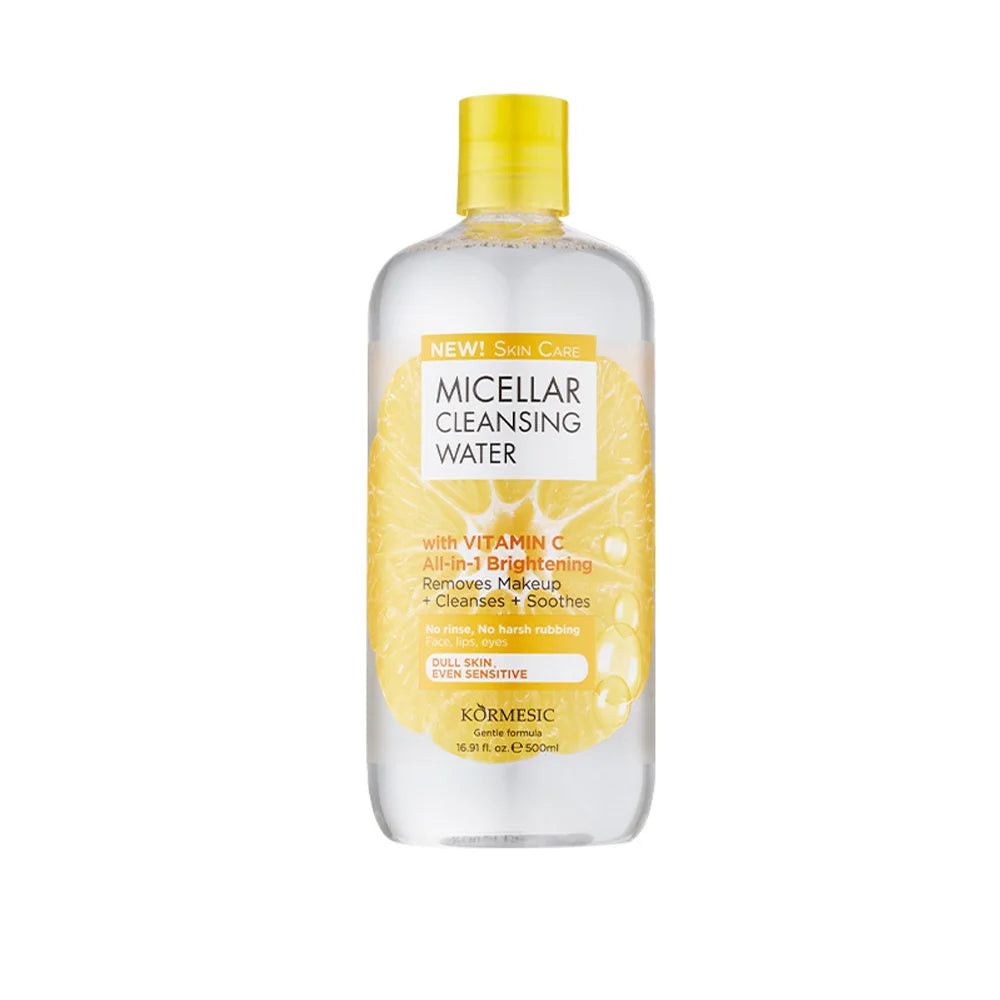 KORMESIC Micellar Water 500ml – Vit C Brightening / HA Hydrating, Removes + Cleanses, No Rinse, Face/Lips/Eyes