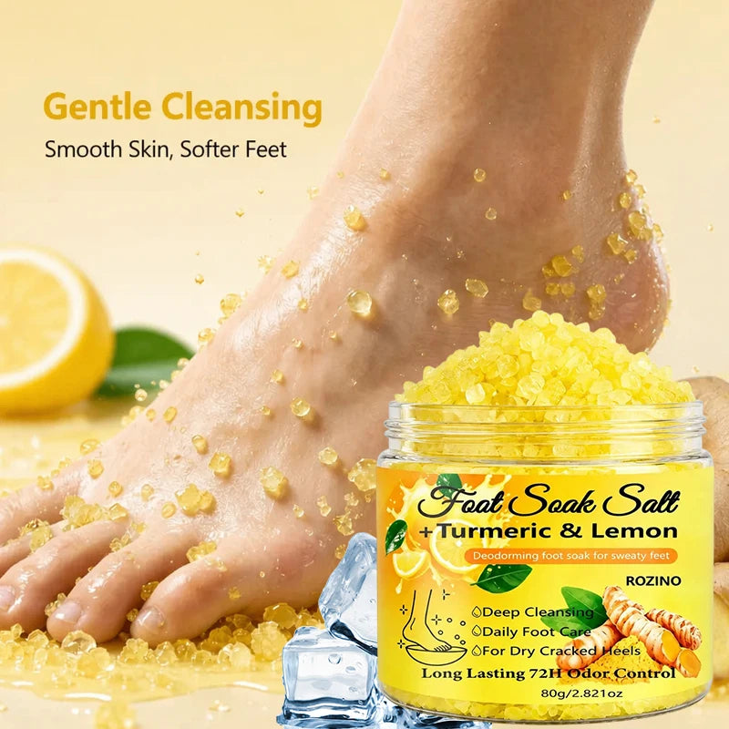 80g Turmeric Lemon Foot Bath Salt – Deeply cleansing sea salt, moisturizes heels, provides a soothing foot soak for 20 minutes, suitable for dry feet, post-exercise and bedtime care – Foot bath care, foot maintenance