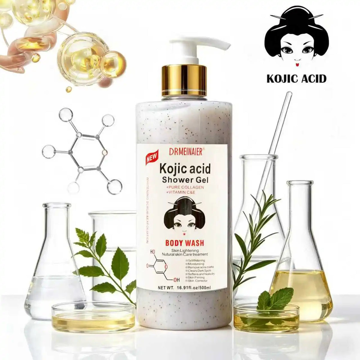 500ml Kojic Acid Shower Gel Deep Cleansing Brighten Skin Body Wash Skin Whitening Exfoliator Body Care Moisturizing Skincare