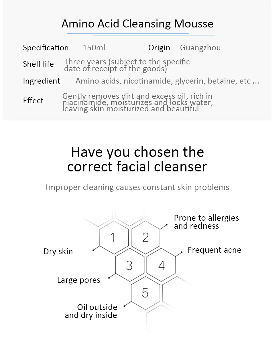 100/150ml Amino Acid Cleansing Mousse Oil Control Deep Cleaning Mites Removal Acne Moisturizing Face Cleanser Foam Brighten Skin