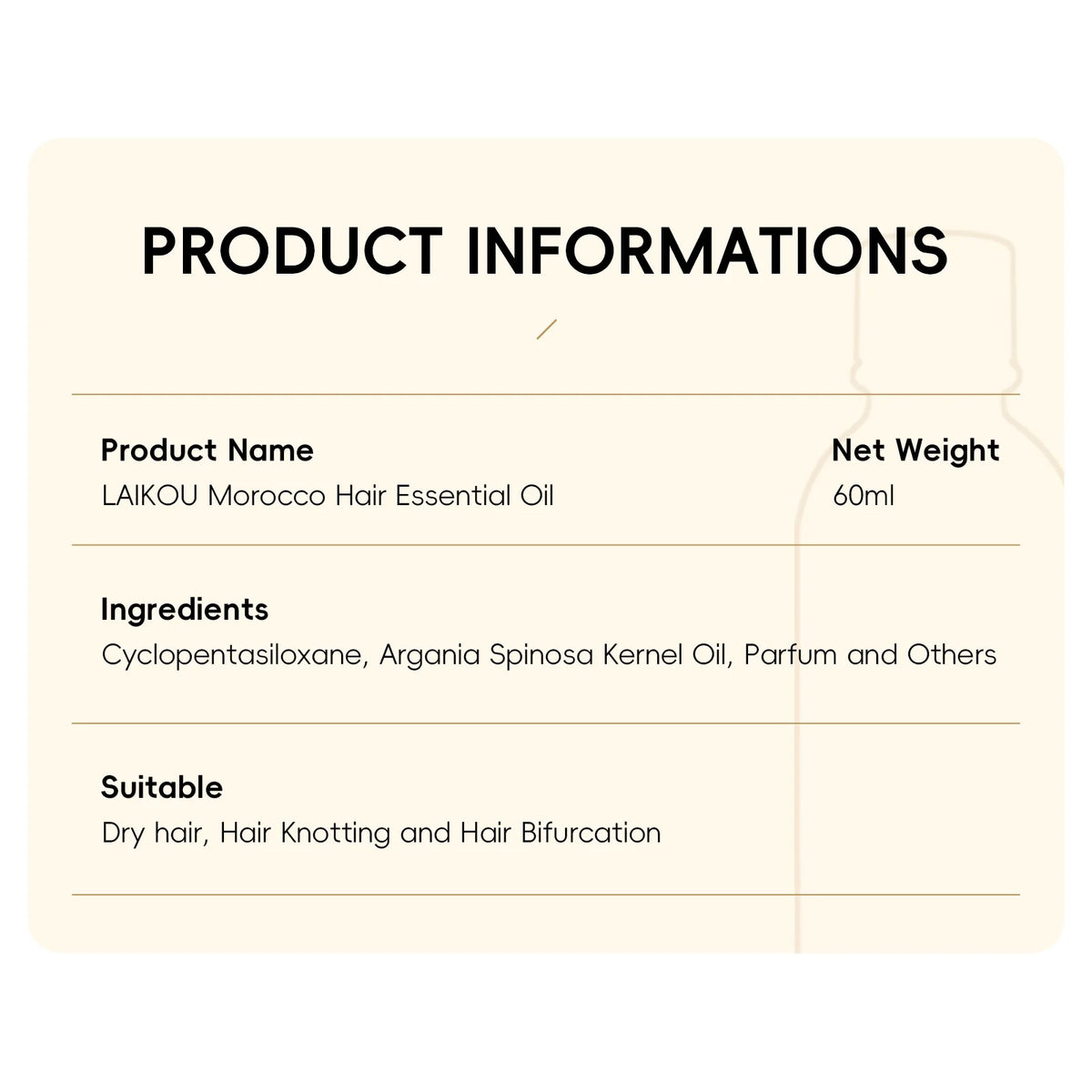 Laikou Morocco Hair Essential Oil 60ml Repair Damaged Hair Anti Frizz Nourishing Smoothing Argan Oil For All Hair Types