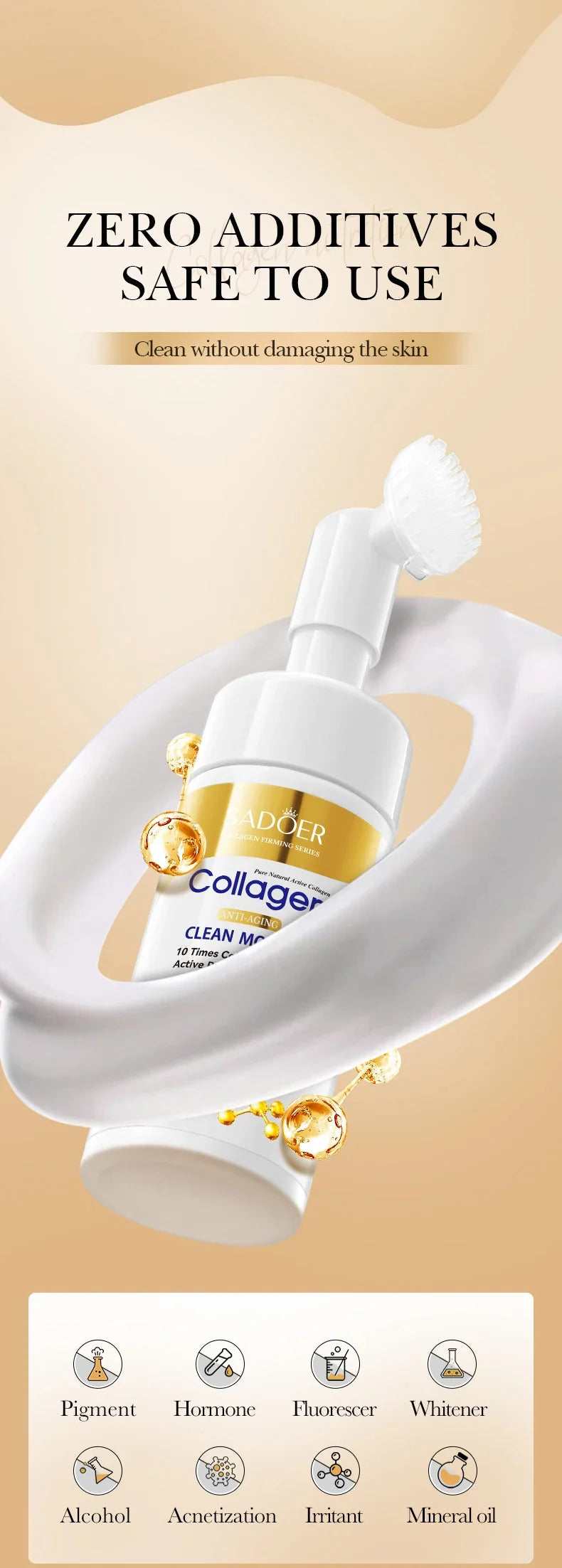 SADOER Collagen Facial Cleanser Mousse Deep Cleansing Skincare Moisturizing Firming Face Wash Foam Cleanser Skin Care Products