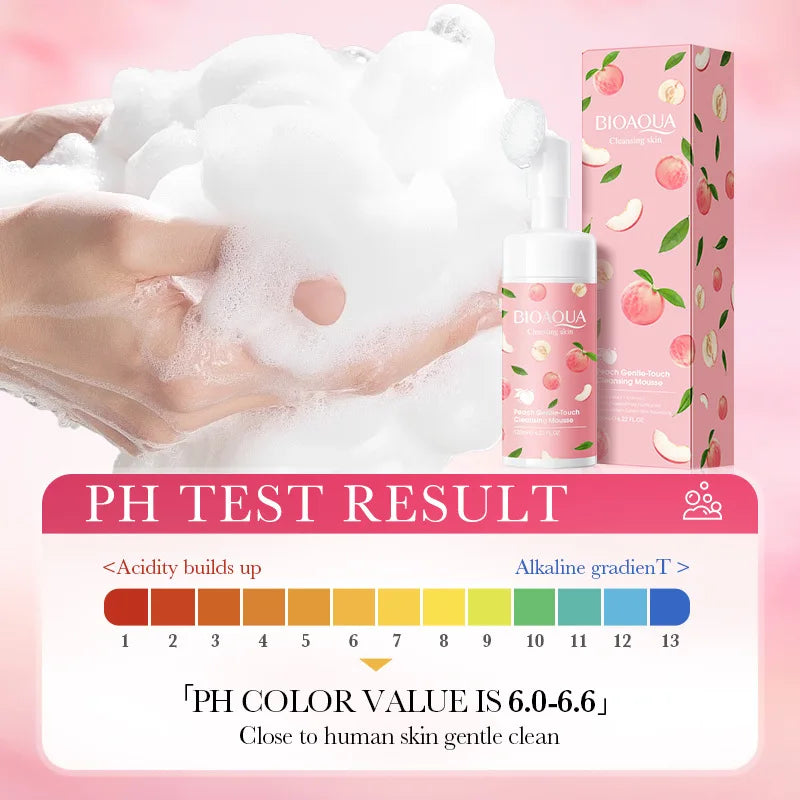 BIOAQUA Peach Facial Cleansing Mousse with Brush Gentle Touch Cleans Skin Oil Purify Pores Refreshed Non Tight Facial Cleanser
