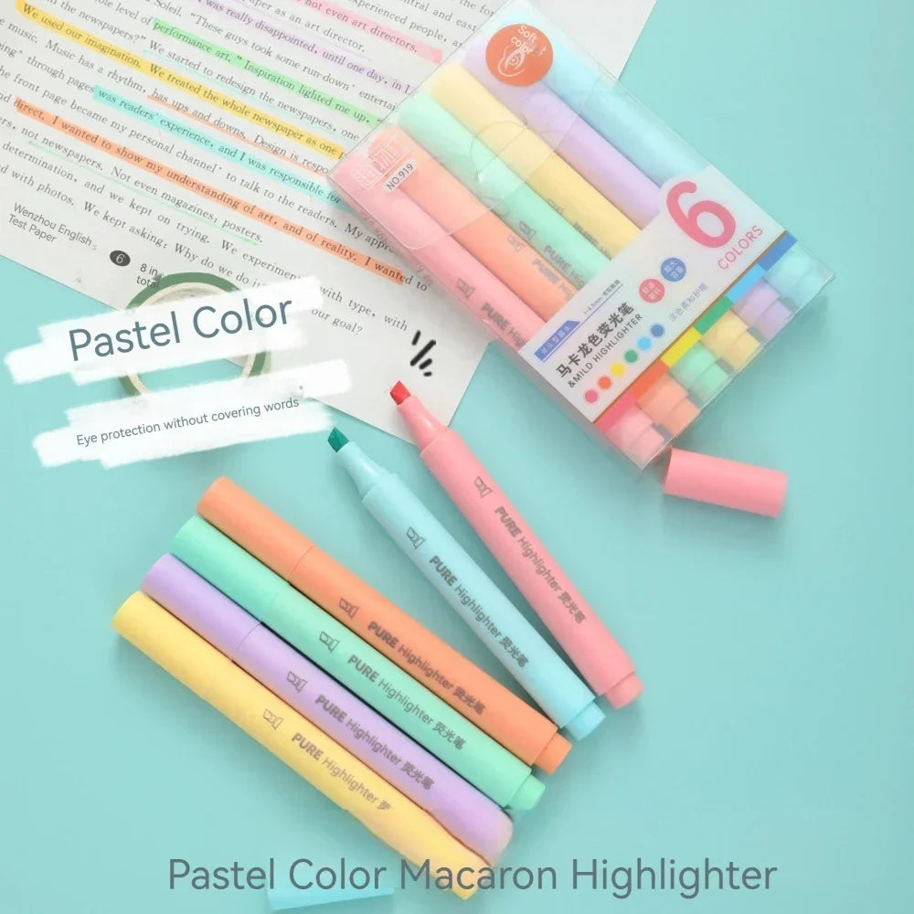 6PCS Pastel Highlighter Pens - Macaron Color Marker Set, Cute Fluorescent Drawing Pens for School, Office & Study Stationery