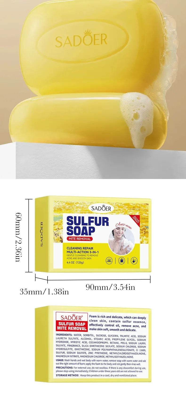 1/2Pcs Sadoer Sulfur Mite Removing Facial Soap Universal Handmade Soap for Body & Face Wash Foam Moisturizing Facial Cleanser