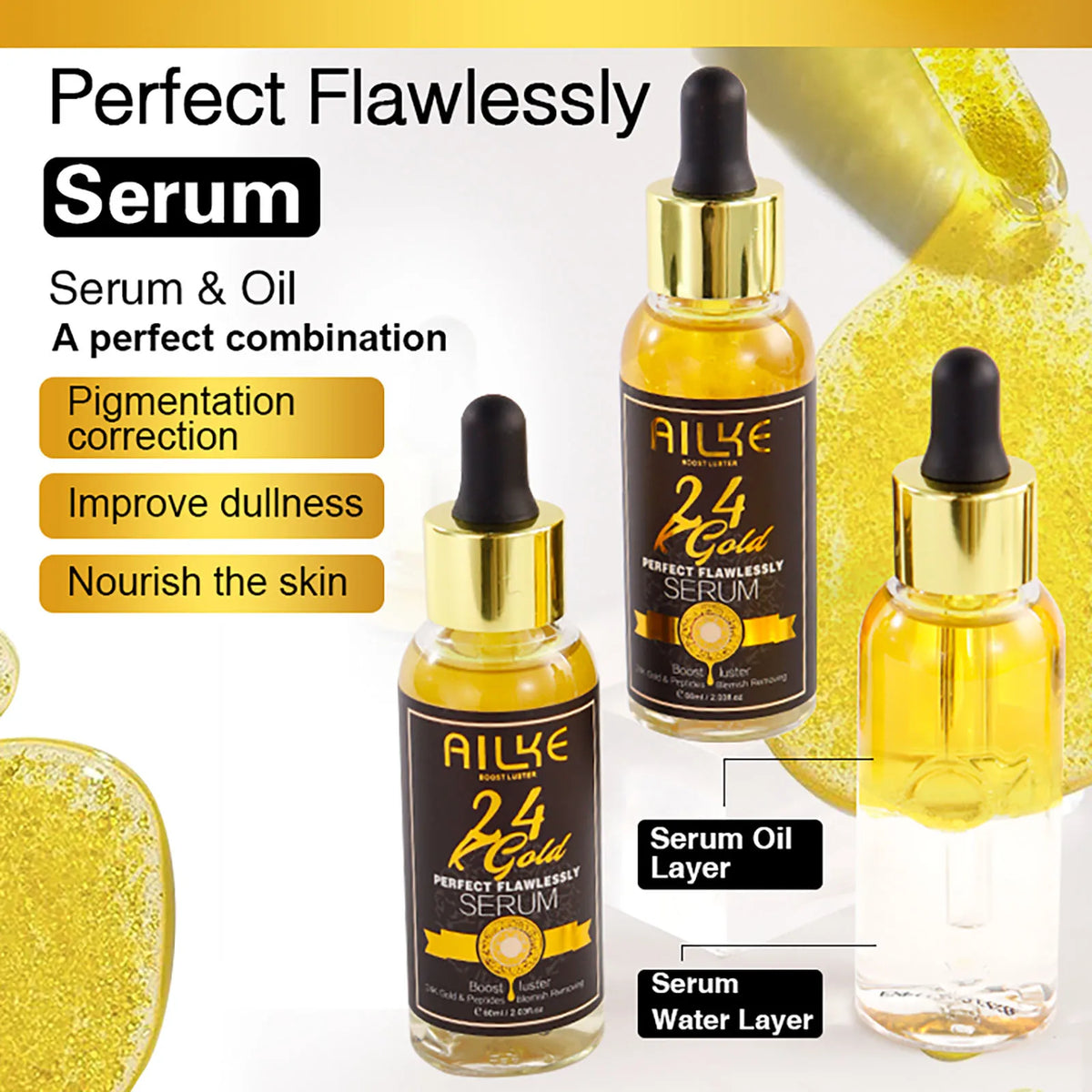 AILKE 24K Gold Flawlessly Serum, Whitening, Deep Clean Skin, Even Skin Tone, Reduce Black Spots, With Peptide, For Face, Body