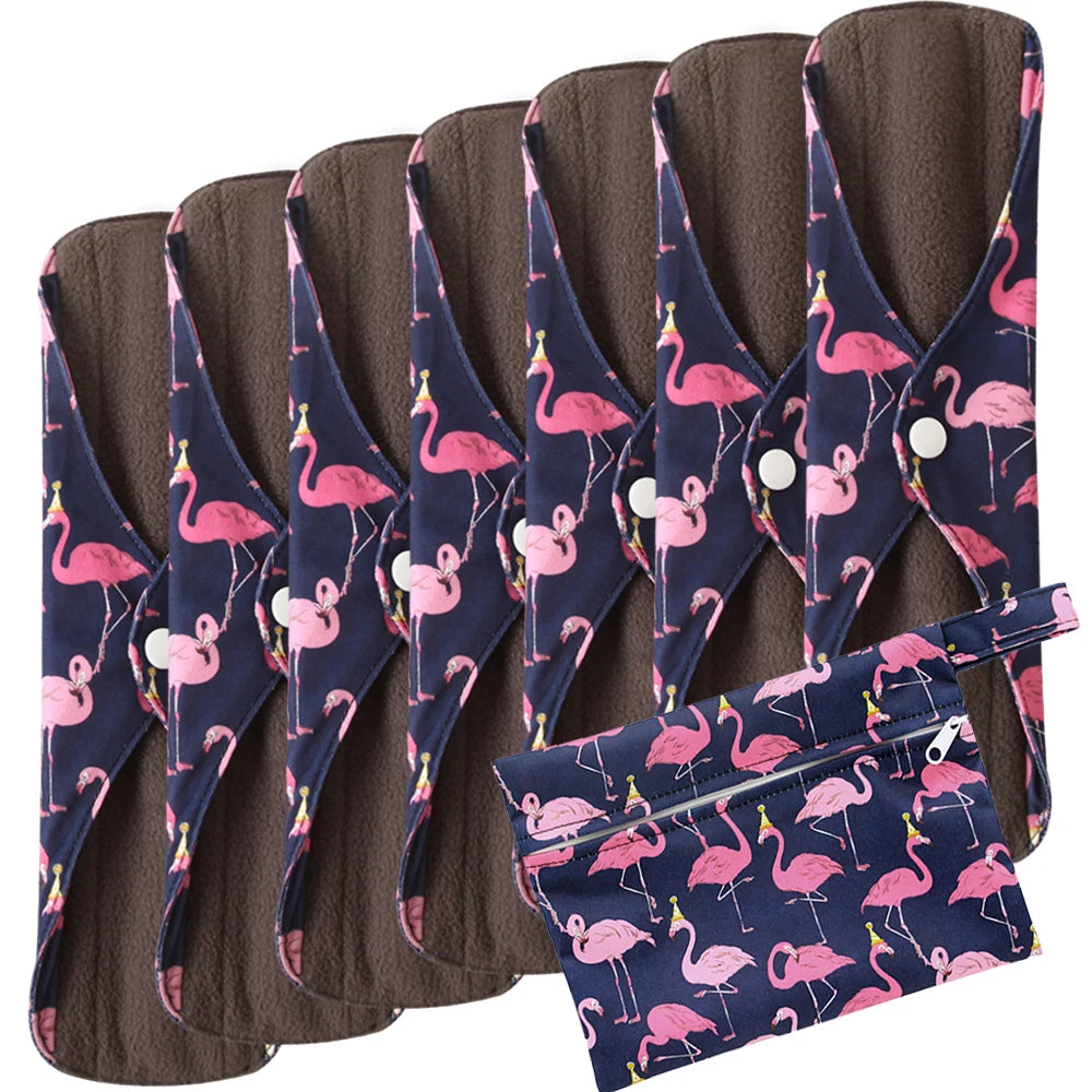 8pcs/Set 7pcs Cloth Menstrual Pad Mama Sanitary Reusable Soft Washable Charcoal Period Napkins +1pc Bonus Free Mini Wet Bag