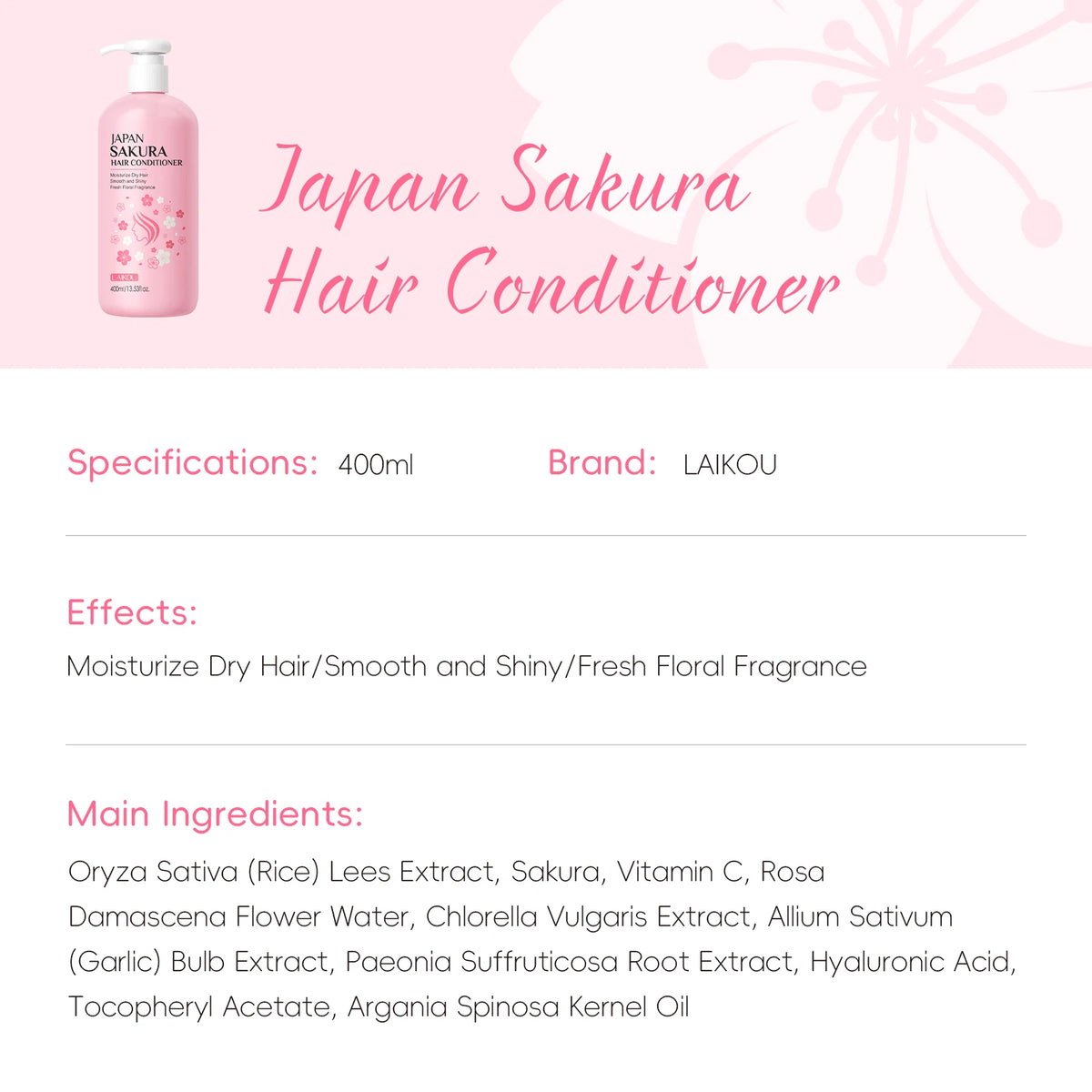 LAIKOU Japan Sakura Hair Conditioner Moisturizing Conditioner Smooth Shine Treatment Floral Scent Hair Repair 400ml