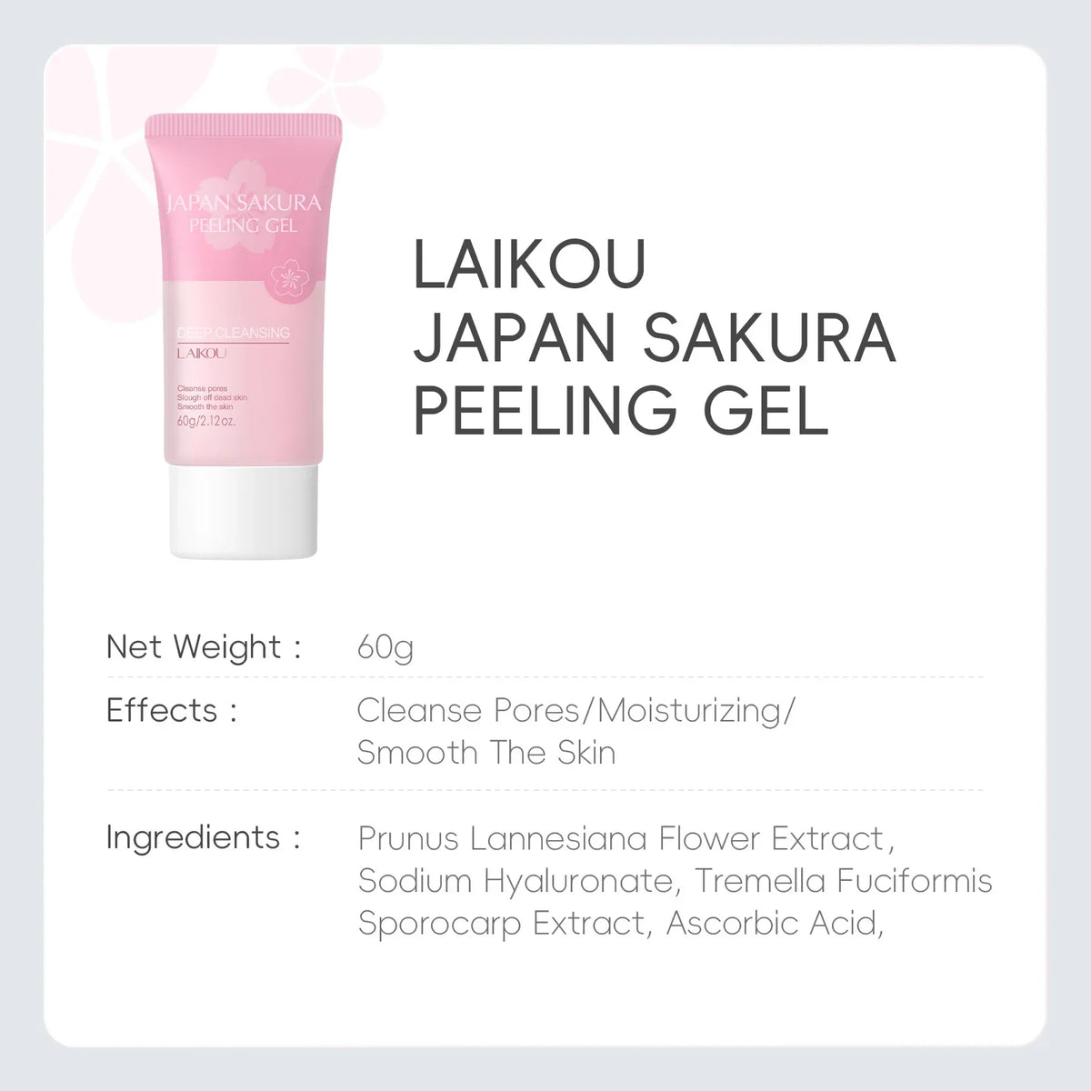 LAIKOU  Sakura Peeling Gel, Deep Cleansing Face Exfoliator, Remove Dead Skin Smooth Skin Gentle Exfoliating Scrub 60g