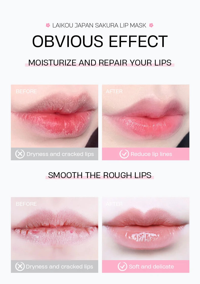 LAIKOU Cherry Blossom Lip Serum Mask Dry Crack Peeling Repair Reduce Lip Fine Lines Essence Moisturizing Sakura Beauty Care 8g