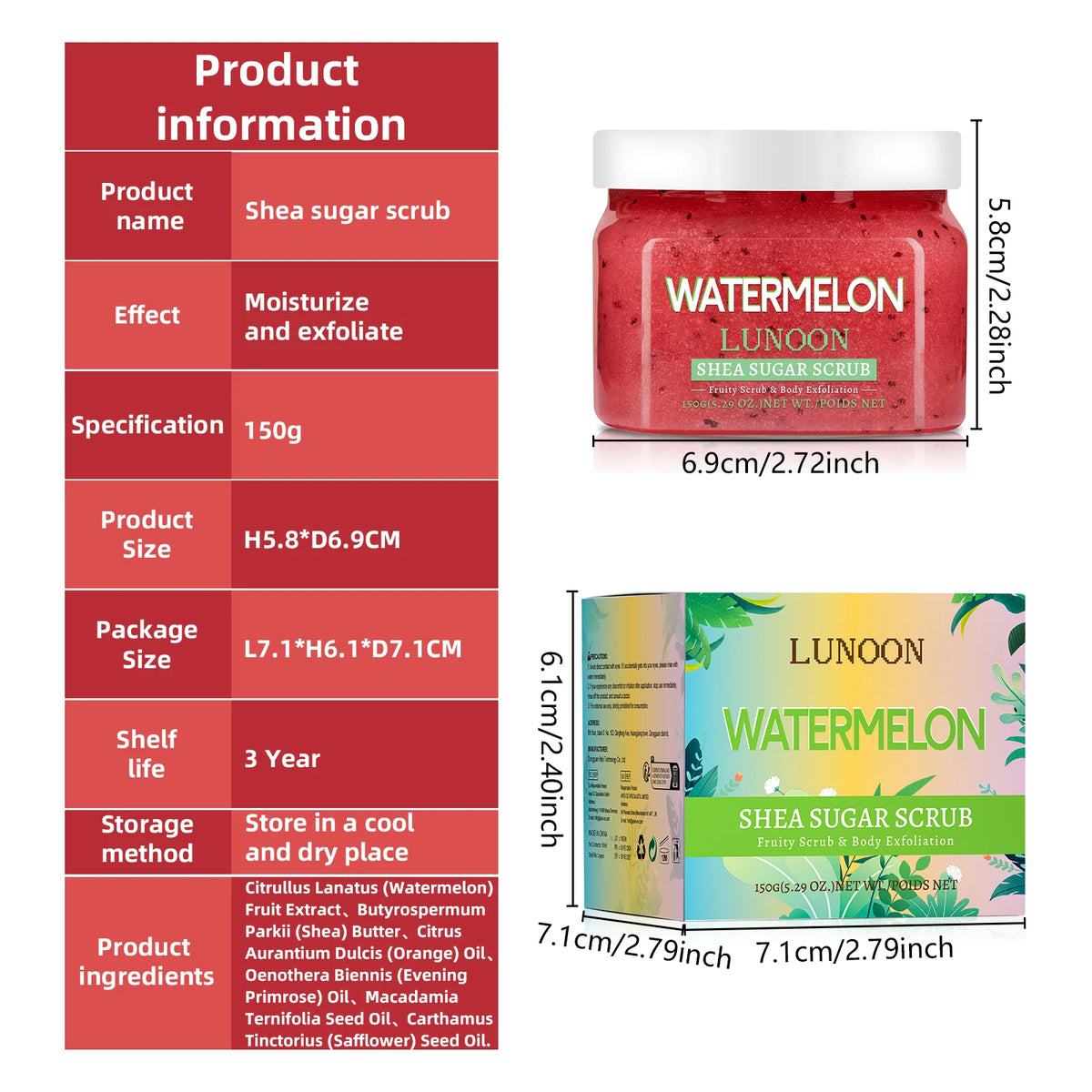 Watermelon Shea Sugar Scrub 150g - Natural Body Exfoliator, Moisturizing, Smoothing, for Elbow, Knee, Back, Leg, All Skin Types