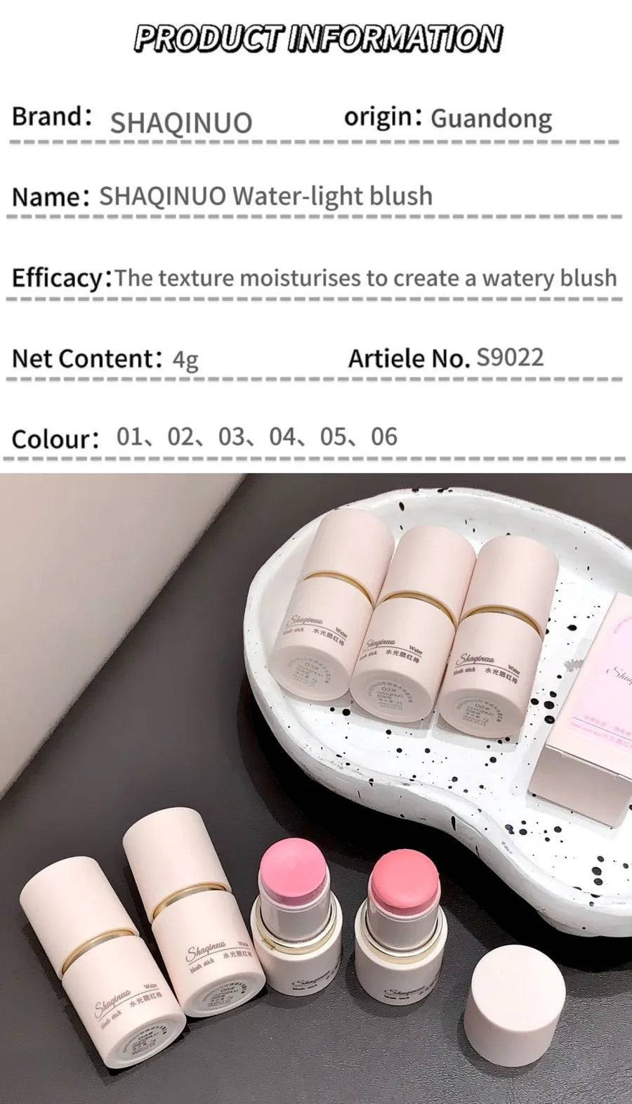 SHAQINUO Cream Blush Stick - Watery Glow, Long-Lasting, Natural Tint, Korean-Style Cheek Makeup for Fresh Look