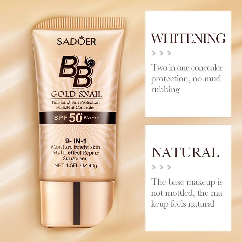 SADOER Gold Snail Sunscreen BB Cream Foundation Concealer Moisturizing Isolation Cream SPF50+PA+++ 40g