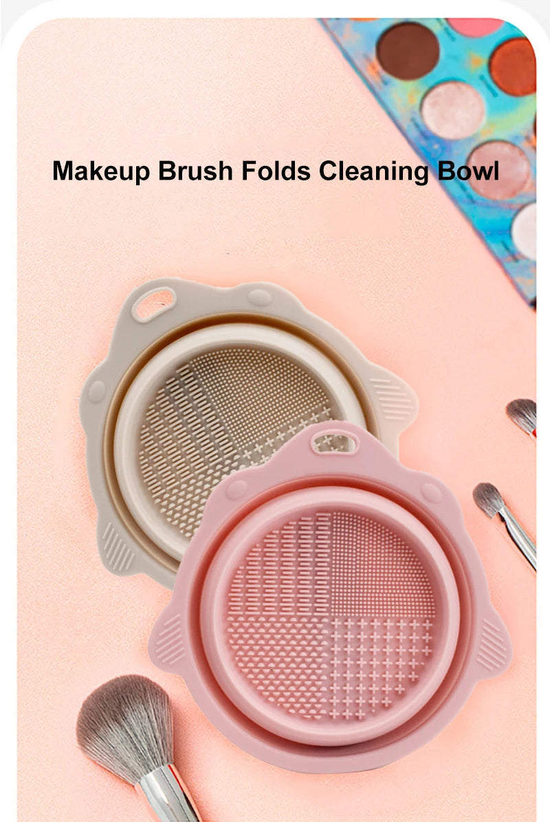 Multi-functional Silicone Makeup Brush Cleaning Bowl Powder Puff Beauty Washing Scrubber Pad with Folding Brush Holder