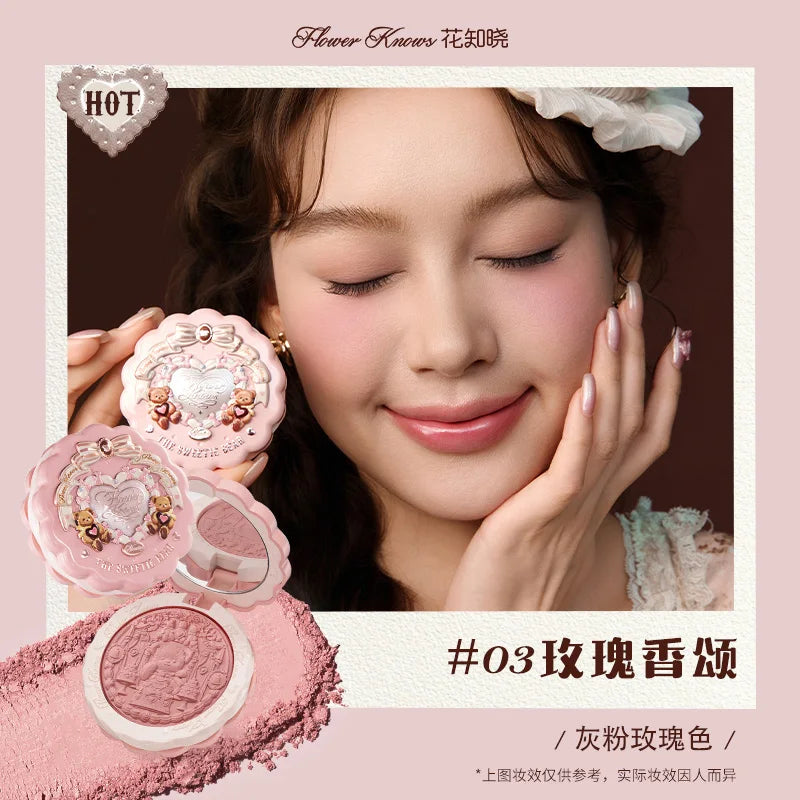 FLOWER KNOWS THE SWEETIE BEAR COLLECTION Silk Satin Blush Powder For Cheeks Contour Face Bunny Garden Blush Natural Matte Finish