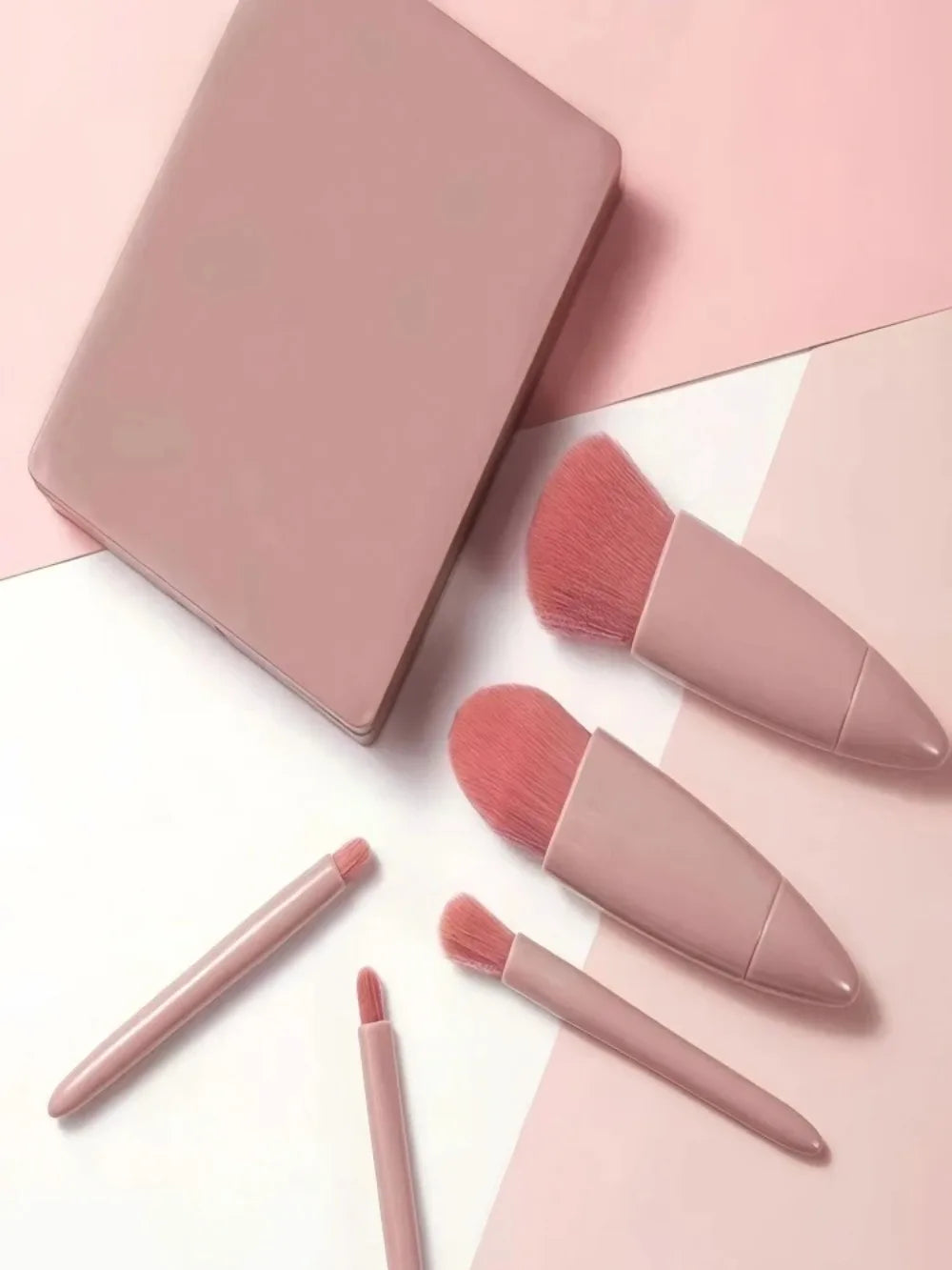 1 Set Chic Pink Makeup Brush Set - Mirror Compact, 5pcs Soft Bristles Versatile for Blush Eye Foundation