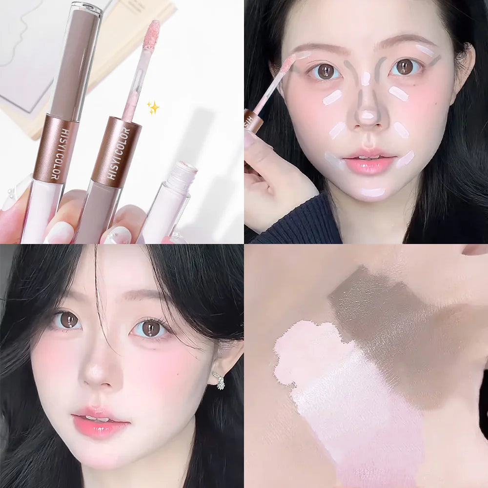 The dual-head highlighter brightens the complexion, regulates facial contours, and is long-lasting and waterproof
