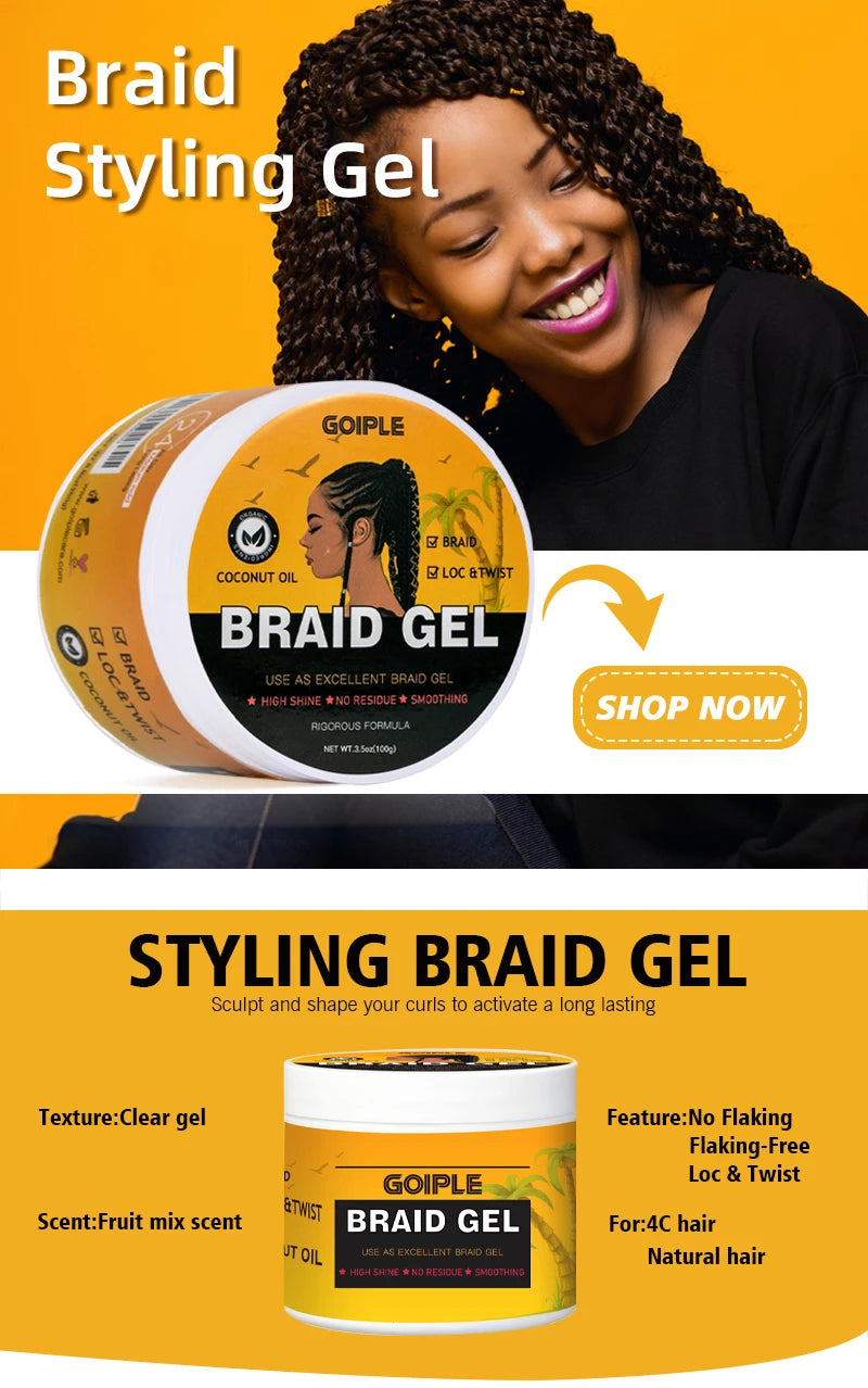 GOIPLE Strong Hold Braid Gel High Shine Cleansing Moisturizing Foaming for Twists & Locs Edges Cornrows Anti-Frizz Braiding Wax