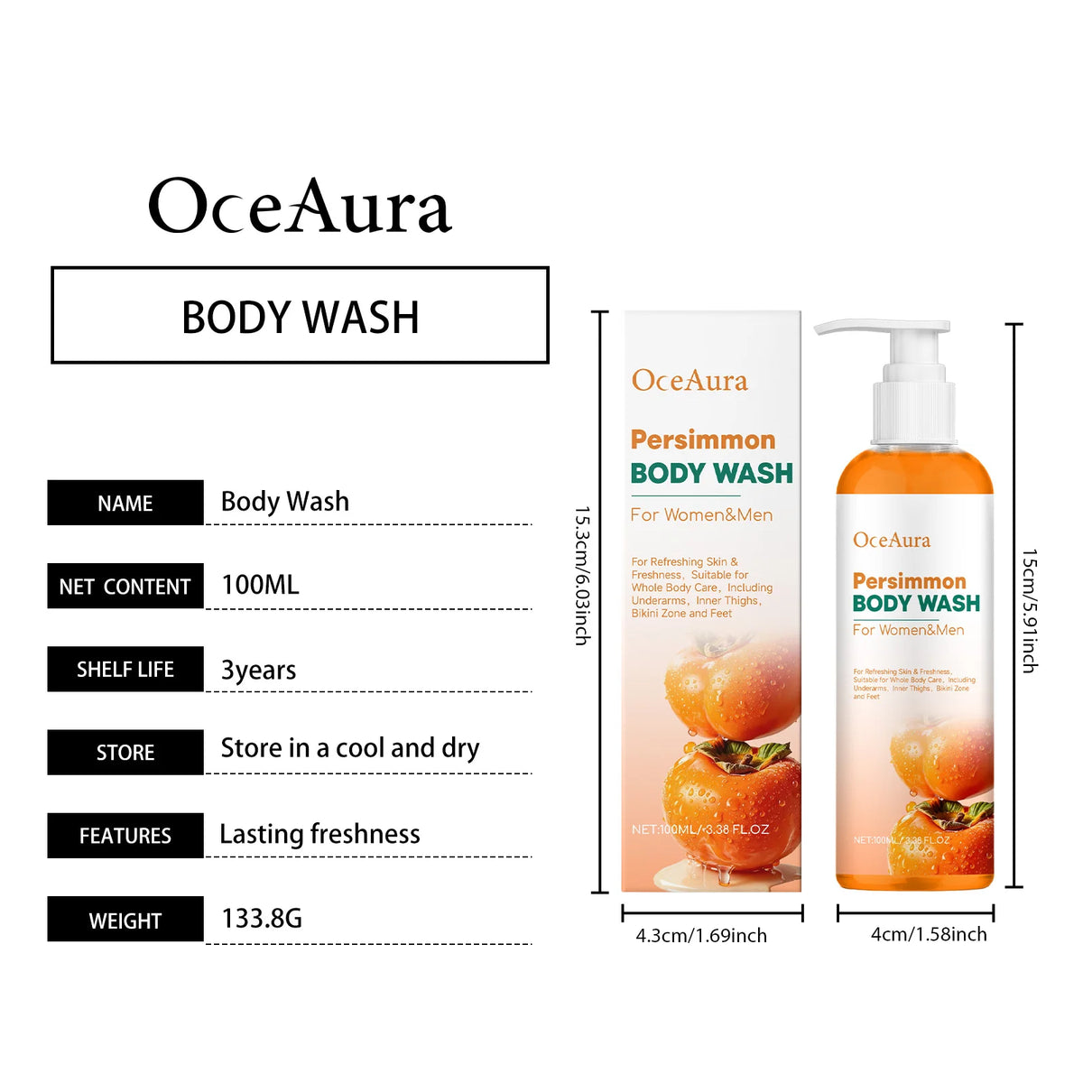 OceAura Persimmon Shower Gel Set Rich Foam Softens Skin Deep Cleansing Long Lasting Fragrance Natural Fruit Extracts Soap Bar