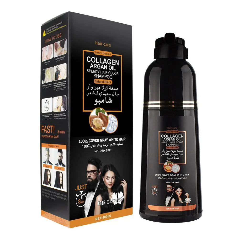 3-in-1 Collagen Argan Oil Shampoo Long-Lasting Black Hair Dye Shampoo for Men Women Nourishes Colors Gray Hair, 400/420ml