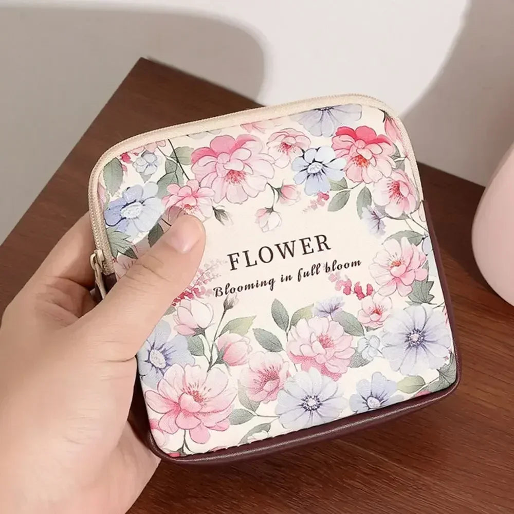Creative PVC Sanitary Pads Bag Fashion Floral Print Large Capacity Multipurpose Coin Purse Portable Cosmetic Storage Bag