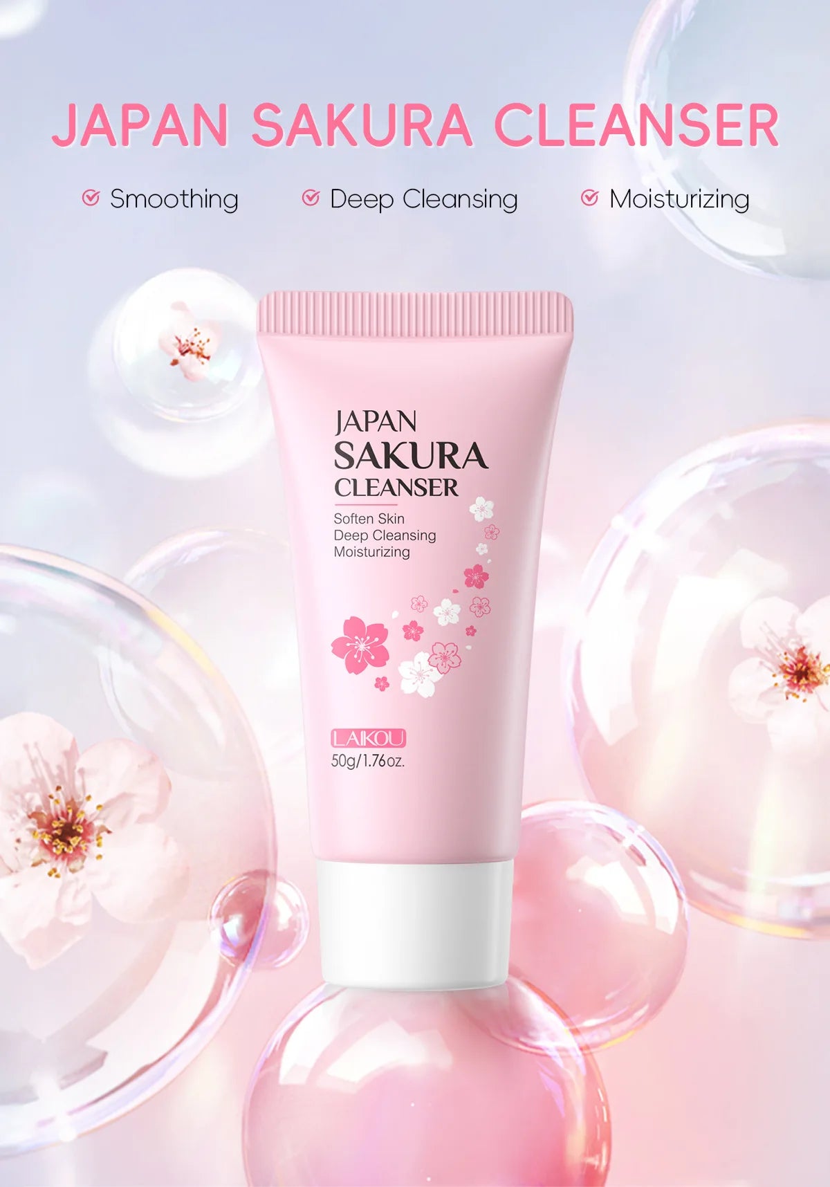 LAIKOU Japan Sakura Cleanser Gentle Deep Cleaning Oil Control Moisturizing Shrink Pores Face Skin Care Skin Cleanser 50g