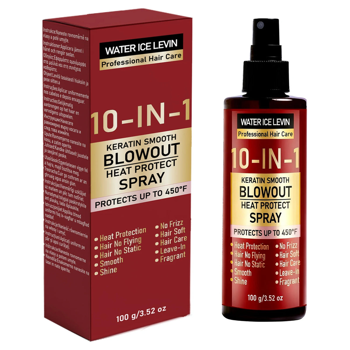 10-IN-1 Heat Protect Spray with Keratin, Collagen & Hyaluronic Acid – Smoothing Anti-Frizz Shine Leave-In Hair Care 100g