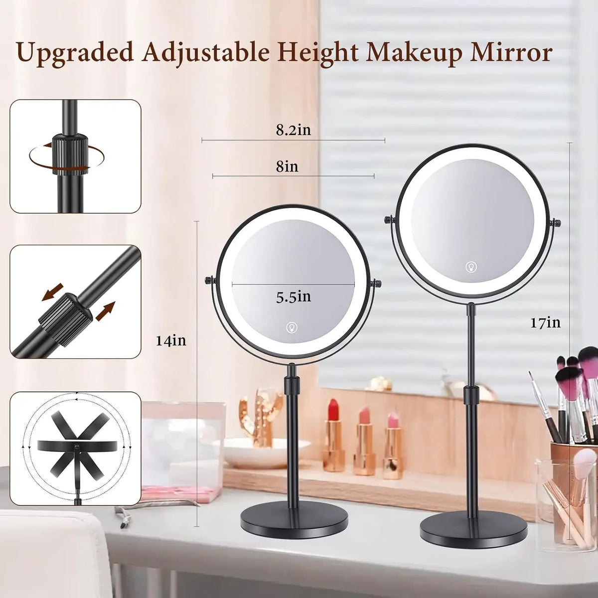 8 Inch Makeup Mirror With Light Lamp 10X Magnification 3 Color Lights,Adjustable Brightness Height Standing Cosmetic Mirror