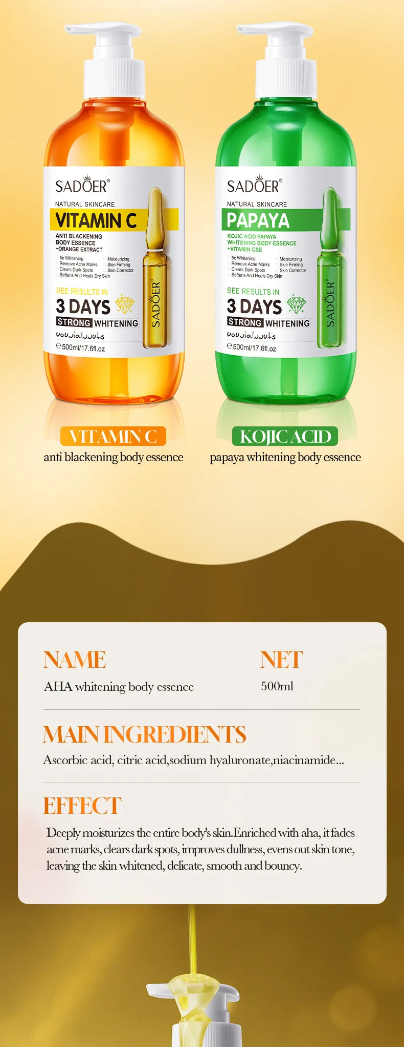 SADOER AHA Whitening Body Essence 500ml Moisturizing Brightening Face Serum Improve Dull Skin Full Body Hydrating Skin Care