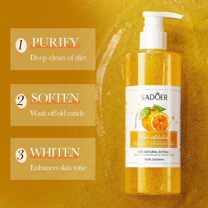 300ml Orange Body Scrub Shower Gel, a Cleansing Body Wash Containing Fresh Orange Extract, Citrate Salts, and Other Skin Care Ingredients. the Fine Scrub Particles Deeply Cleanse Skin Impurities and Dead Skin Cells, While Hyd