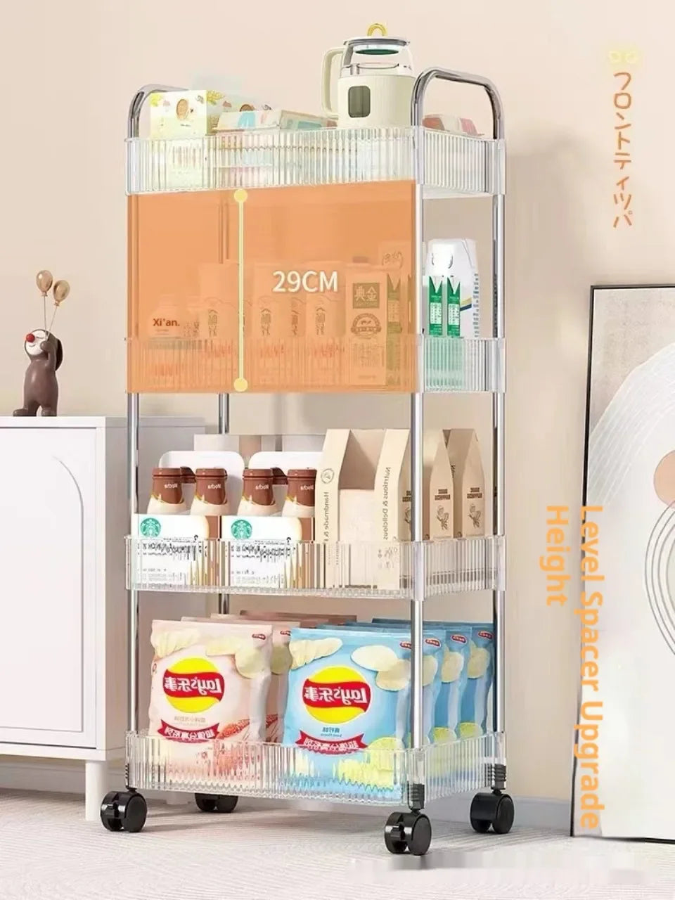 2/3/4 Layers Transparent Storage Rack with Wheels, Home Trolley Cart Suitable for Snacks Cosmetic Sundries and Kitchen Organizer