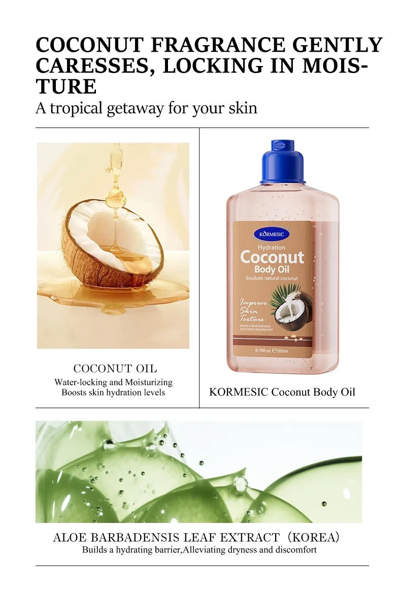KORMESIC Body Oil 260ml Rose/Cocoa/Coconut Hydrating Brighten Skin Texture Soothe Discomfort Essential Oil