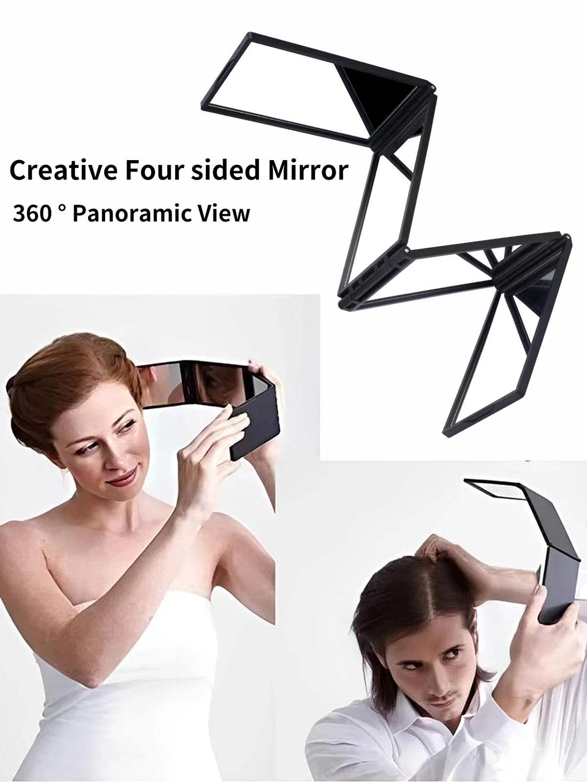 4-Way 360° Foldable Makeup Mirror, Portable Handheld Desktop Stand For Self Hair Cutting & Grooming