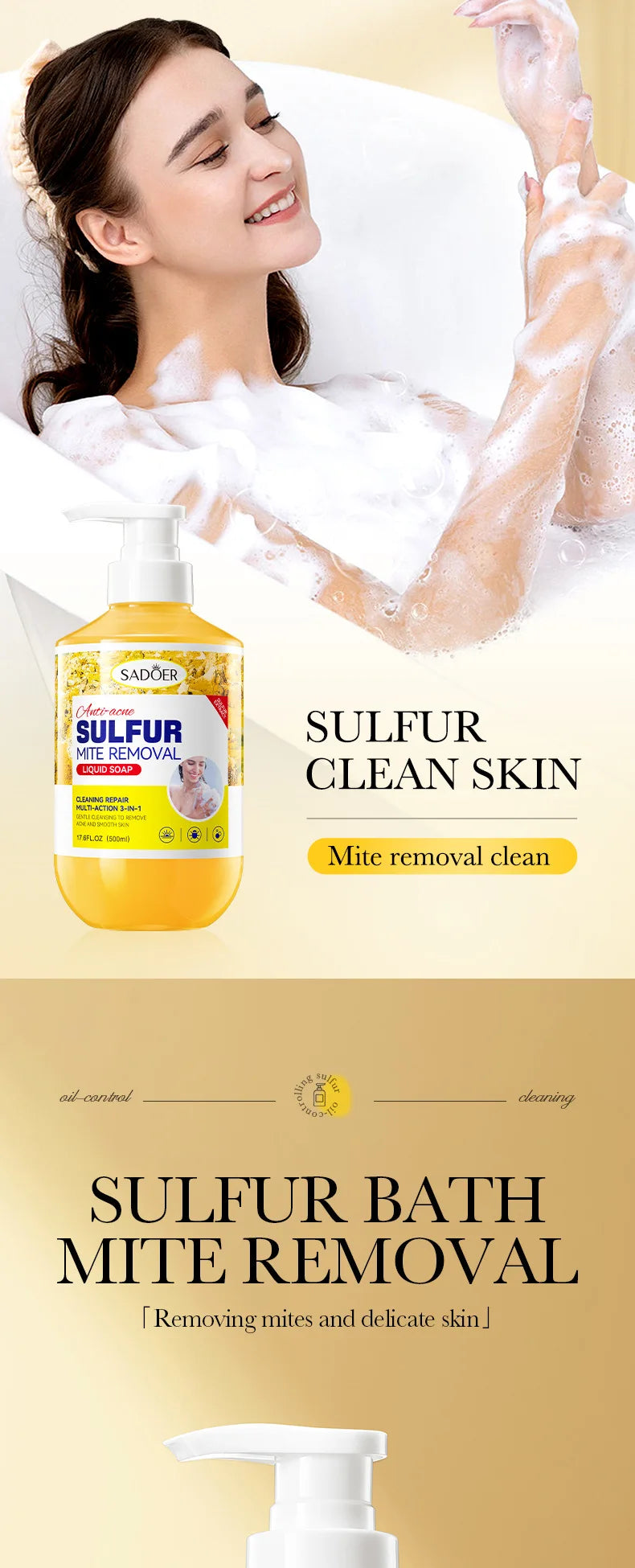 500m Anti-Mite Sulfur Shower Gel Deep Cleansing Oil Control Anti-Acne Soothe Repair Body Skin Care Wash for Women & Men