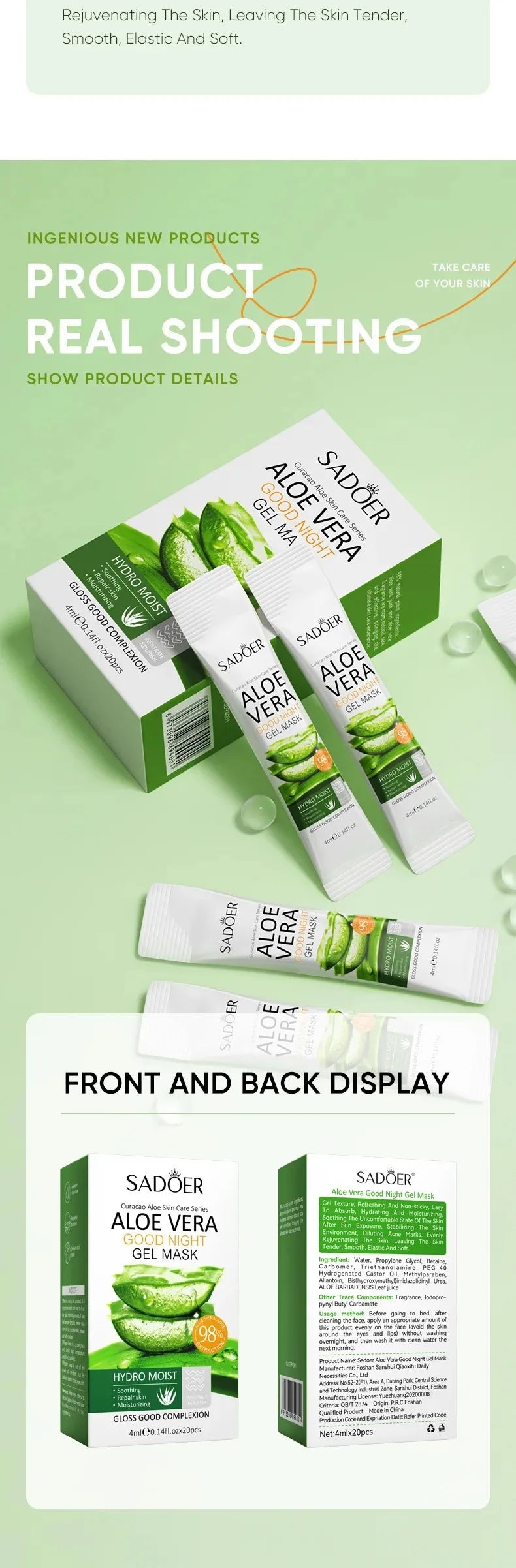 20Pcs Sadoer Aloe Vera Sleeping Facial Masks Moisturizing Anti-Wrinkles Hydrating Anti-Aging No Wash Face Mask Facial Skin Care