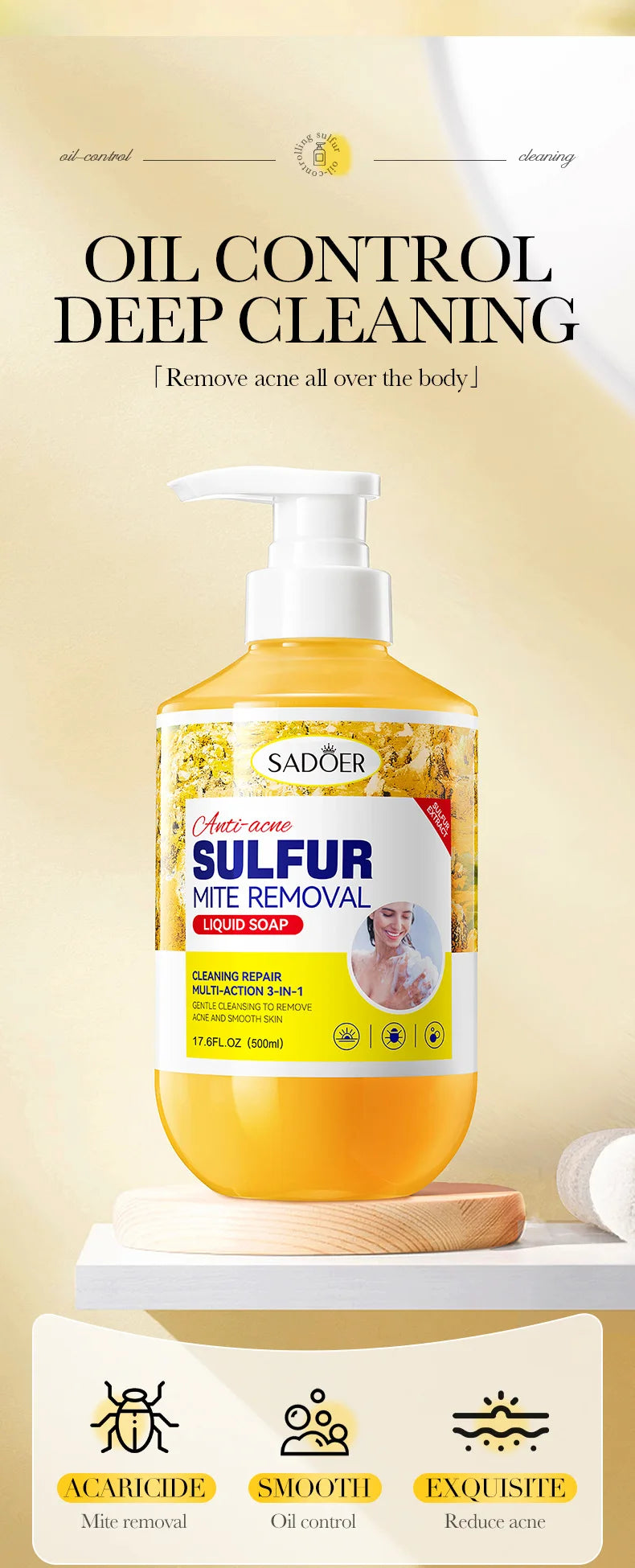 500m Anti-Mite Sulfur Shower Gel Deep Cleansing Oil Control Anti-Acne Soothe Repair Body Skin Care Wash for Women & Men