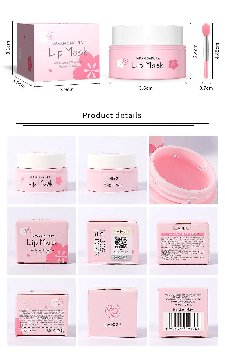 LAIKOU Cherry Blossom Lip Serum Mask Dry Crack Peeling Repair Reduce Lip Fine Lines Essence Moisturizing Sakura Beauty Care 8g