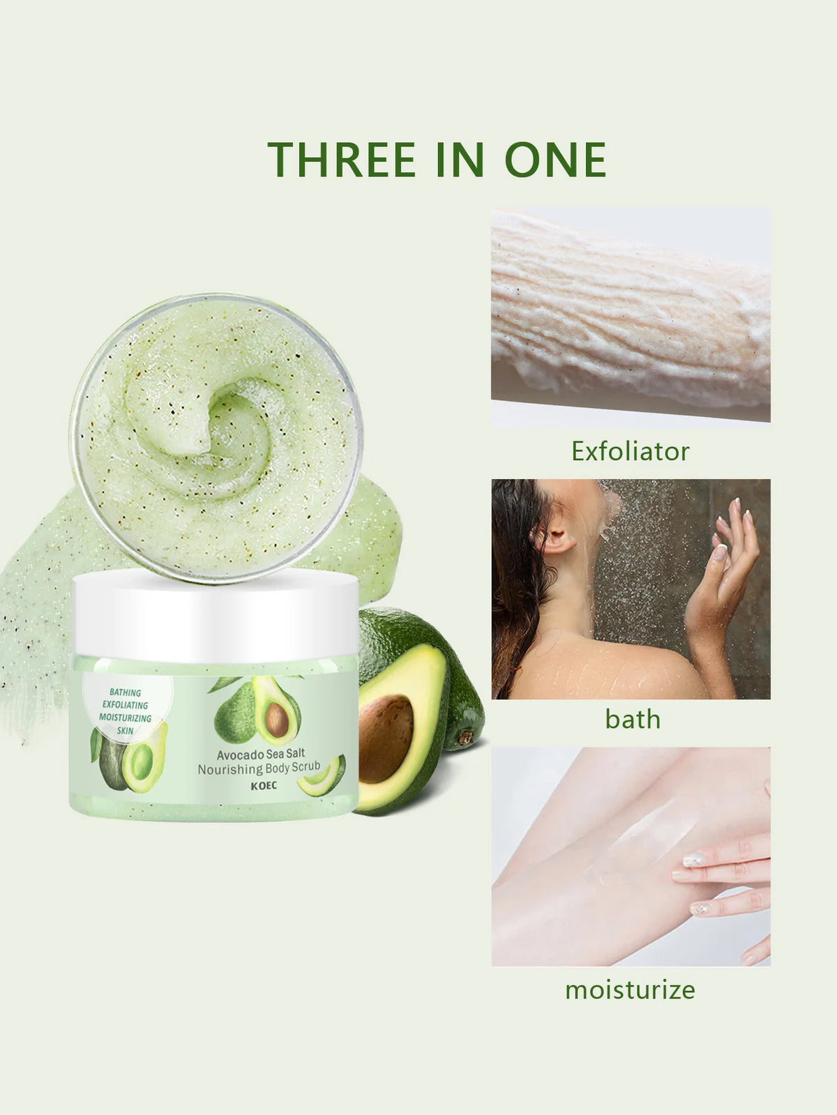 230g KOEC Avocado Dead Sea Salt Bathing Body Scrub Moisturizing Exfoliating Nourishing Brightening Shea Butter Natural Seed Oils
