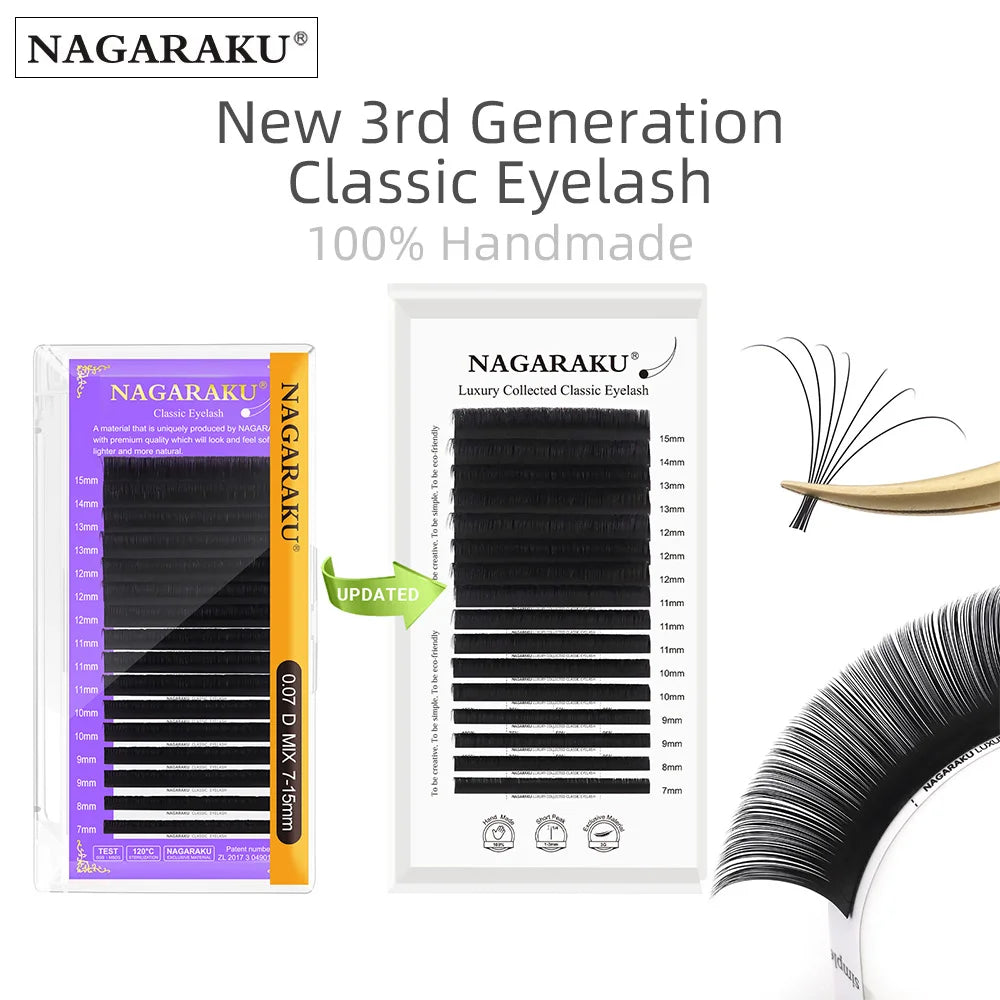 NAGARAKU Luxury Classic Eyelash Matte Black Dark Brown 100% Hand Made 3rd Classic Eyelash 16rows Individual Soft Natural