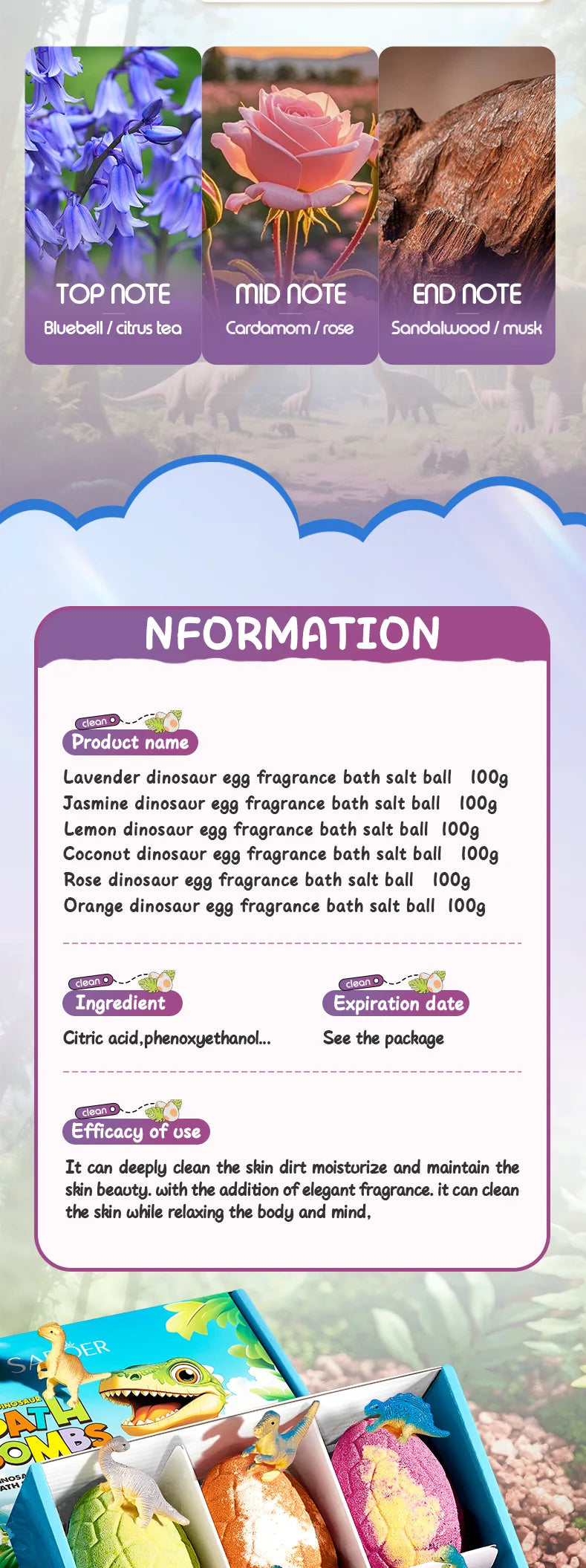 6*100g Dinosaur Egg Bath Salt Ball Essential Oil Bubble Bath Bombs Moisturizing Exfoliating Spa Salts for Shower