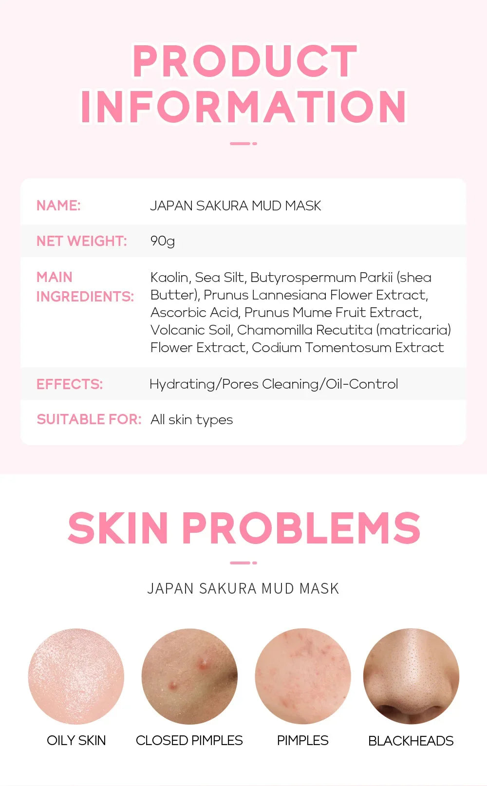 Laikou Sakura Mud Mask Deep Cleansing Oil Control Balance Antioxidan Shrink Pores Remove Blackheads Refreshing Facial Mask90/25g