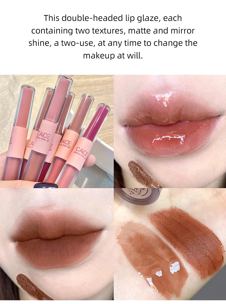 CACE Double Head Lip Gloss Sexy Red Lip Makeup Lip Mud Mirror Water Gloss Lip Glaze Matte Lipstick Waterproof Korean Cosmetics