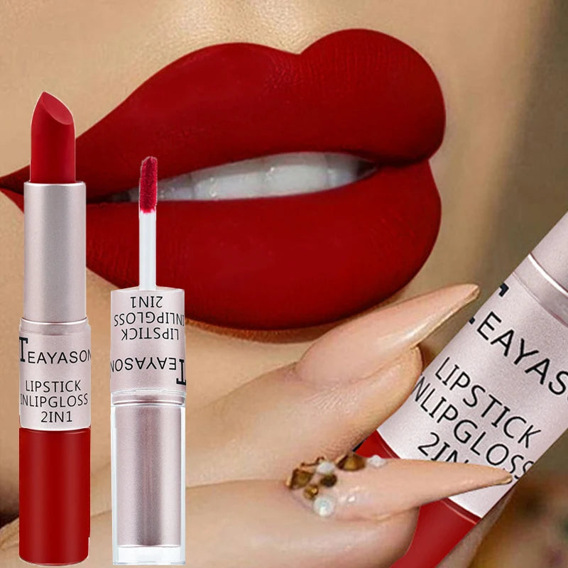 1Pc Long Lasting Velvet Matte Lipstick Double Head Lip Gloss Non-stick Cup Lip Gloss Waterproof 2 in 1 Matte Red Lipstick Makeup