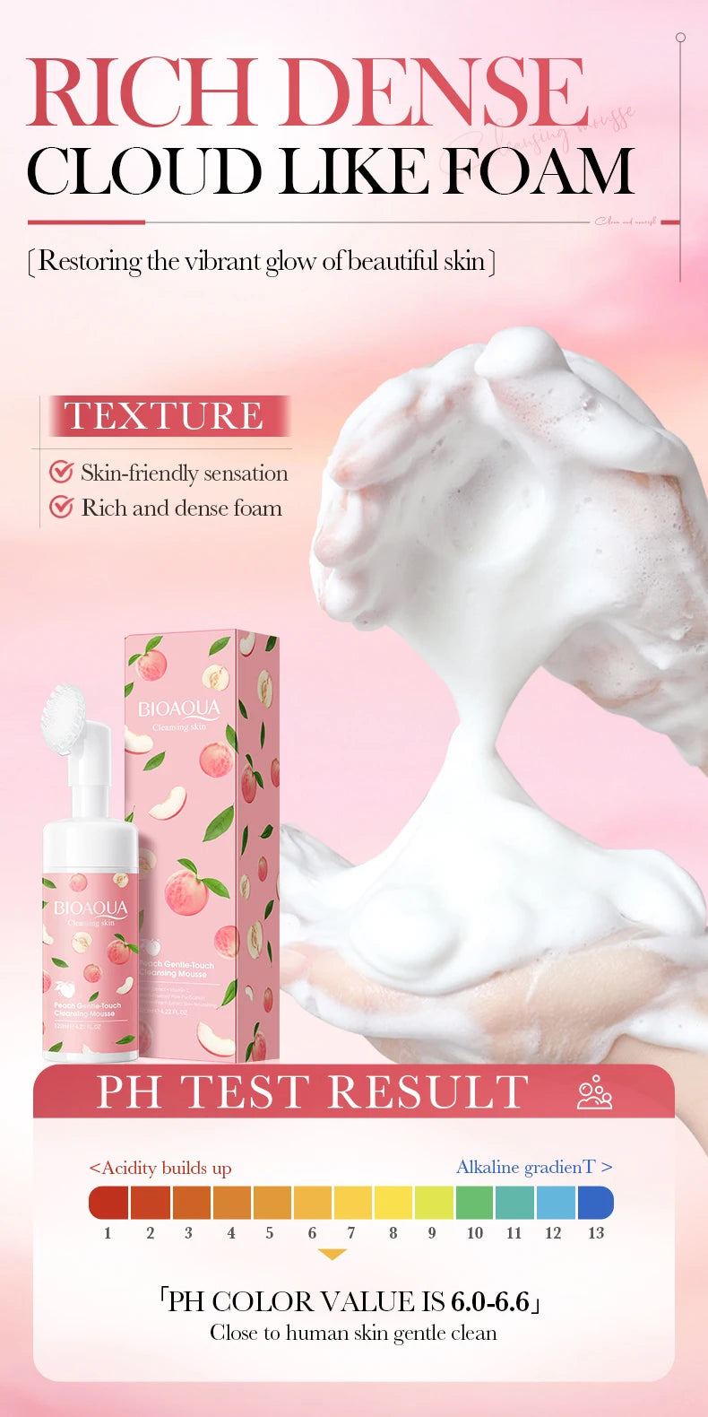 BIOAQUA Peach Facial Cleansing Mousse with Brush Gentle Touch Cleans Skin Oil Purify Pores Refreshed Non Tight Facial Cleanser