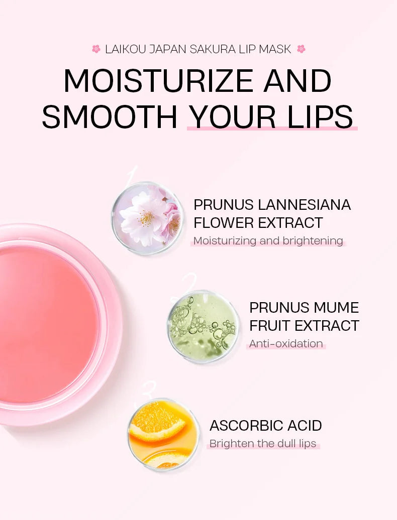 LAIKOU Cherry Blossom Lip Serum Mask Dry Crack Peeling Repair Reduce Lip Fine Lines Essence Moisturizing Sakura Beauty Care 8g