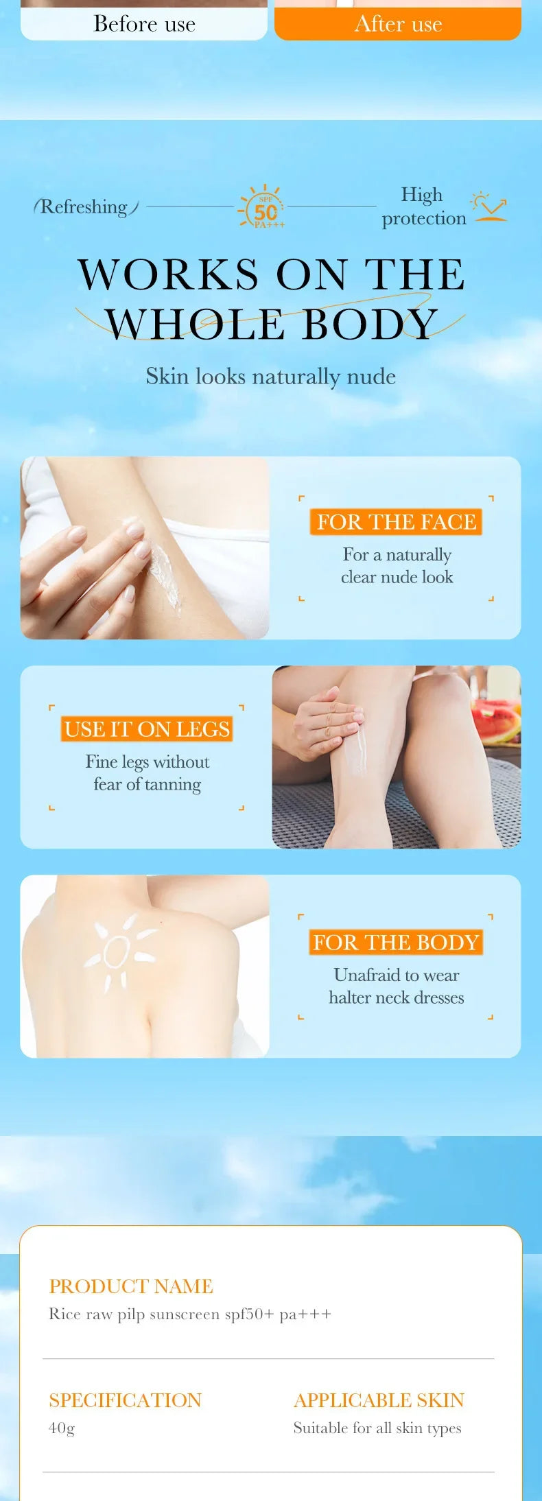 Facial Sunscreen Cream SPF 50+ Body Protector Solar Lotion Long-Lasting Non-Greasy Prevent Sunburn UV Protection Sun Sunblock