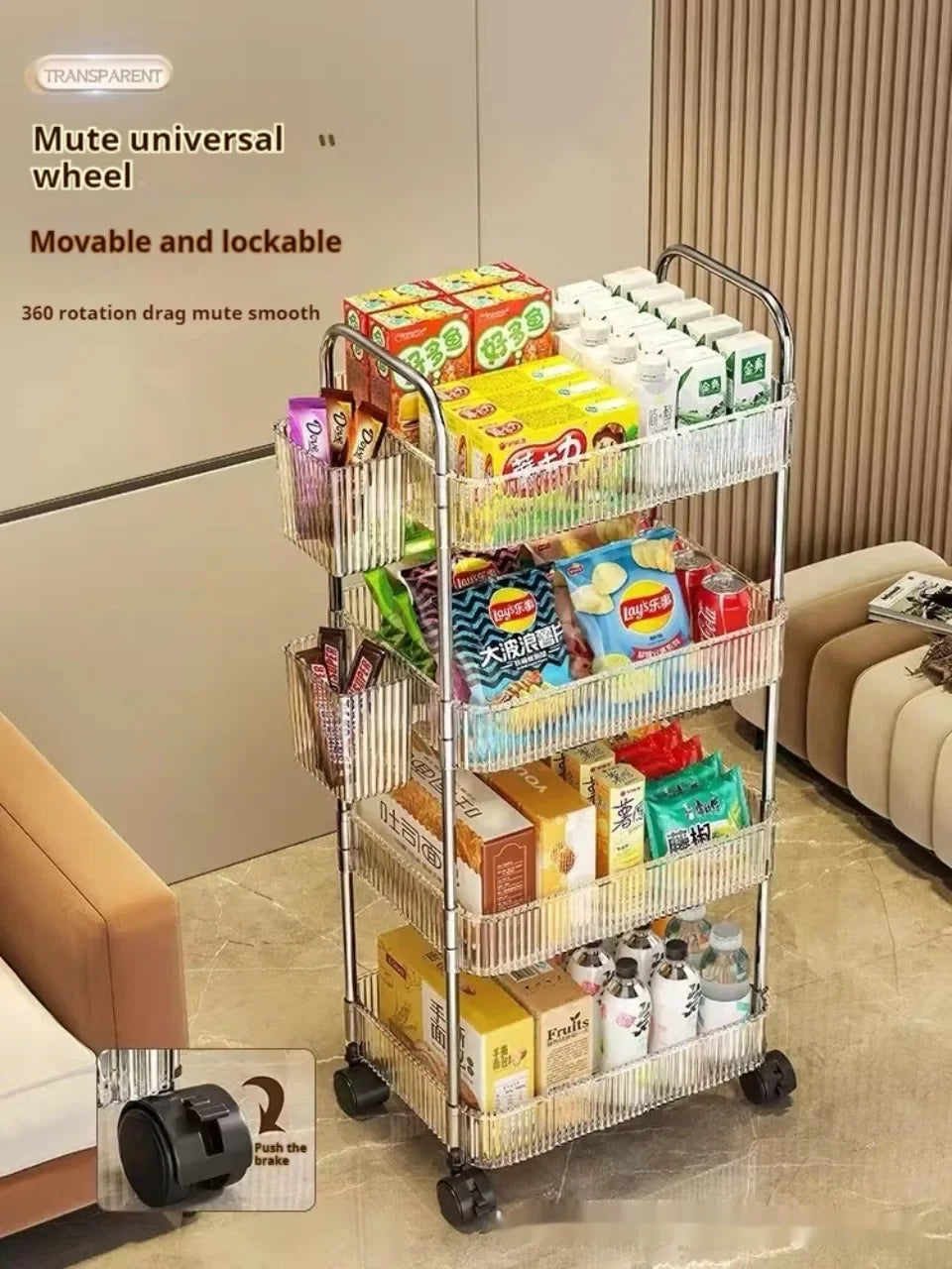 2/3/4 Layers Transparent Storage Rack with Wheels, Home Trolley Cart Suitable for Snacks Cosmetic Sundries and Kitchen Organizer