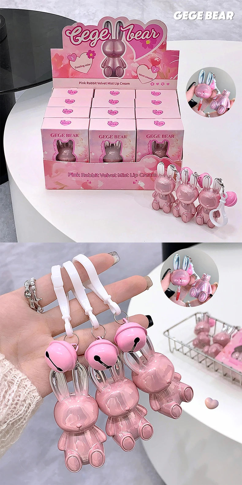Gege Bear Pink Rabbit Velvet Matte Lip Cream Black Rabbit Water light lip glaze matte mirror pendant lipstick lip gloss