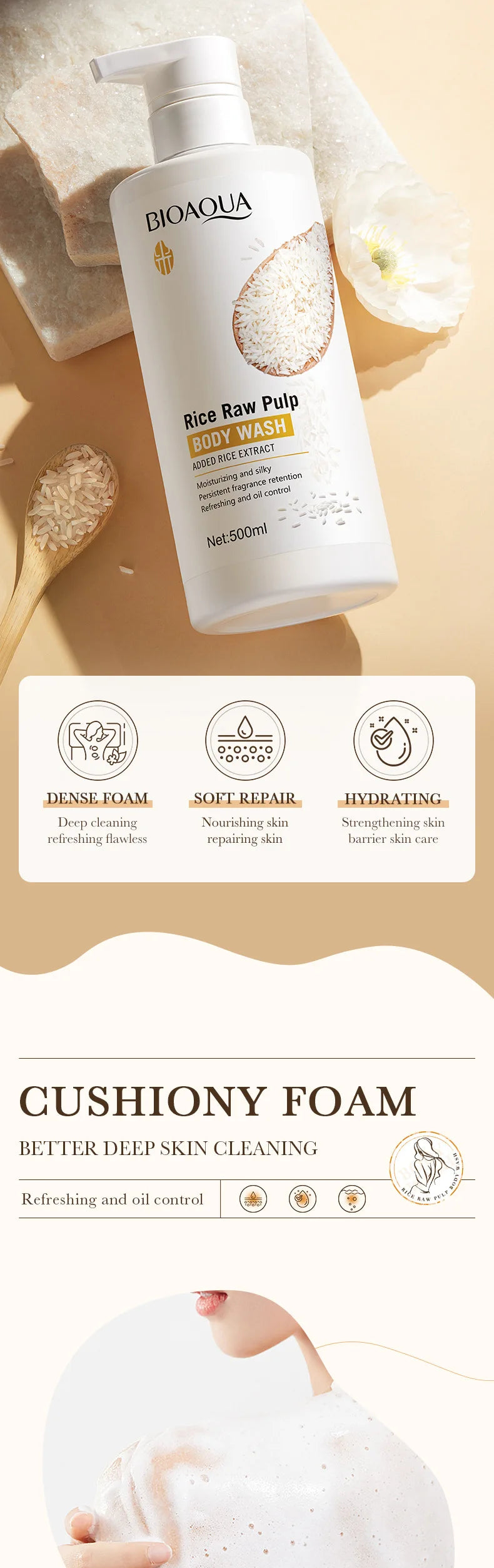 Rice Raw Pulp Body Shower Gel 500ml, Hypoallergenic and Moisturizing, Refreshing Oil Control, Long-Lasting Light Fragrance, Suitable for All Light Beige Skin Types and Sensitive Skin, Easily Removes Oil and Dirt, Daily Nouris