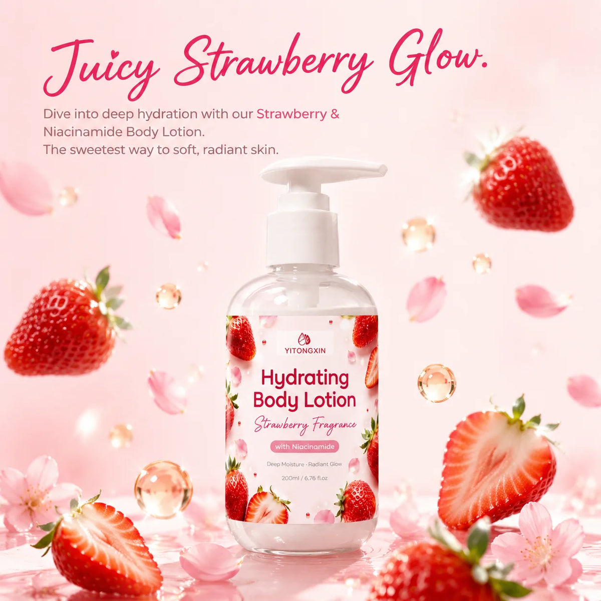 Strawberry Fragrance Body Lotion with Niacinamide, Deep Hydration & Softens Rough Keratin for Glowing Skin 200ml